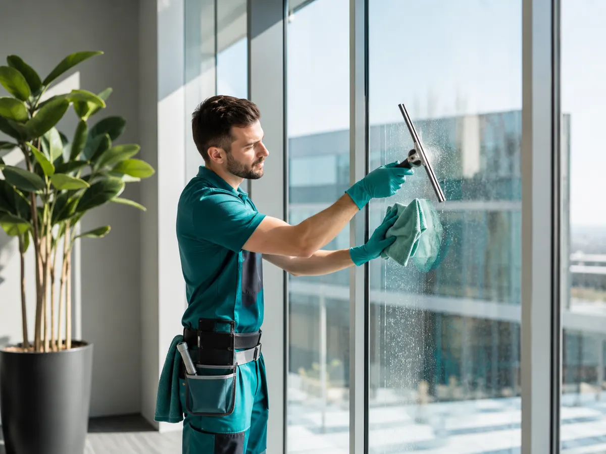 Professionnel réalisant un lavage de vitres à Lyon